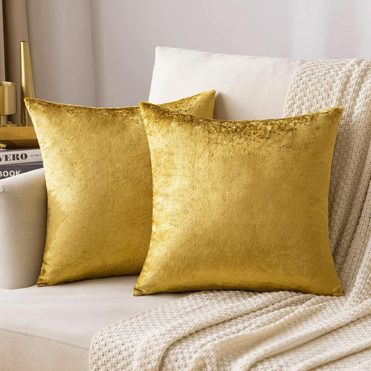 Velvet Throw Pillow Covers 18X18 Inch, Pack of 2 - Golden, Super Soft Decorative Square Cushion Cases Modern Luxury Home Decor for Sofa, Couch, Bed, Chair