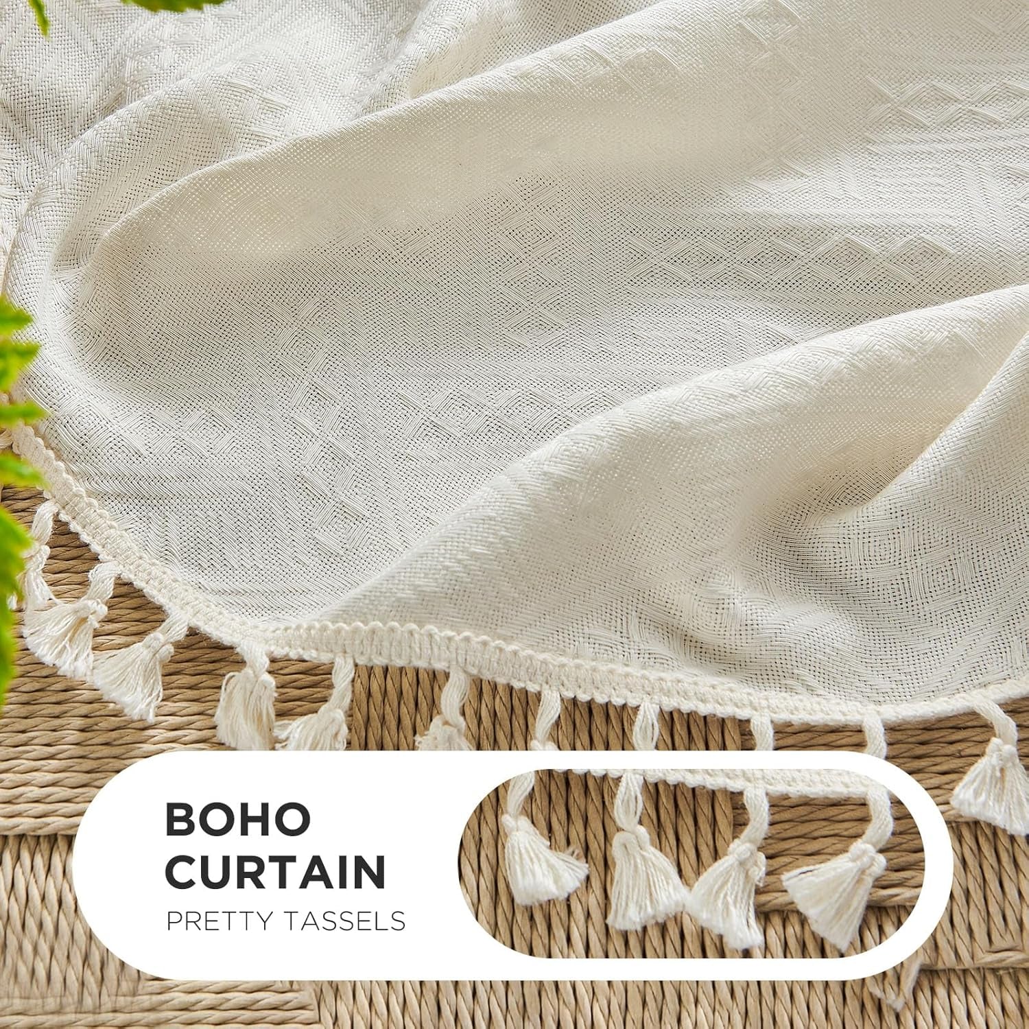 Beige Bohemian Curtains, 84-Inch Length, Set of 2 Panels, Soft Semi-Sheer Light Filtering Drapes with Tassels for Bedroom and Living Room (Rod Pocket, 52"W x 84"L)