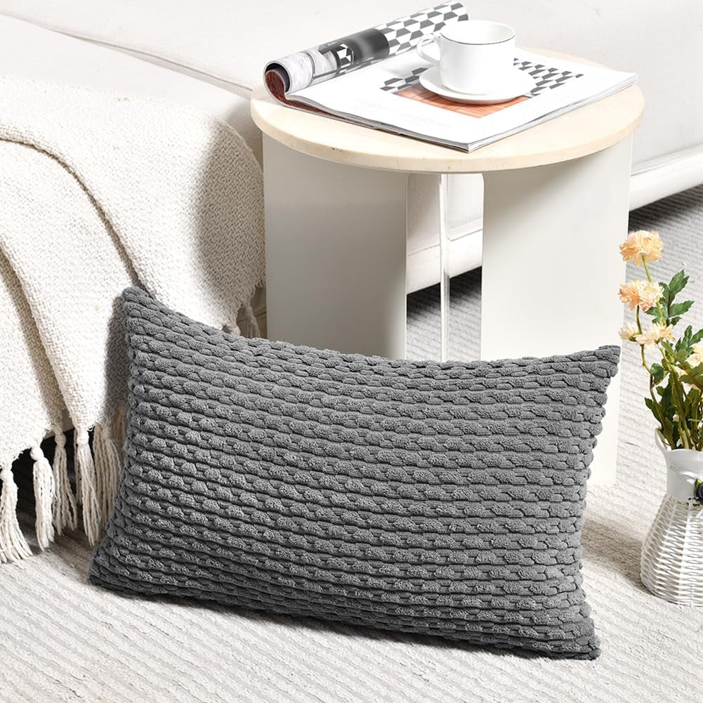 Set of 2 Dark Gray Lumbar Decorative Throw Pillow Covers 12X20 Inch for Couch Living Room Bed Sofa, Modern Farmhouse Boho Home Decor, Soft Plush Grey Corduroy Rectangle Cushion Case