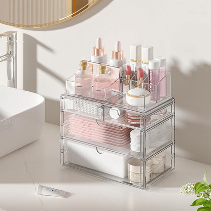 4-Tier Clear Makeup Organizer with Drawer - Stackable Acrylic Cosmetic Storage for Bathroom Vanity & Dresser Countertop, Make up & Jewelry Storage, Beauty Holder for Lipstick Brush Skincare