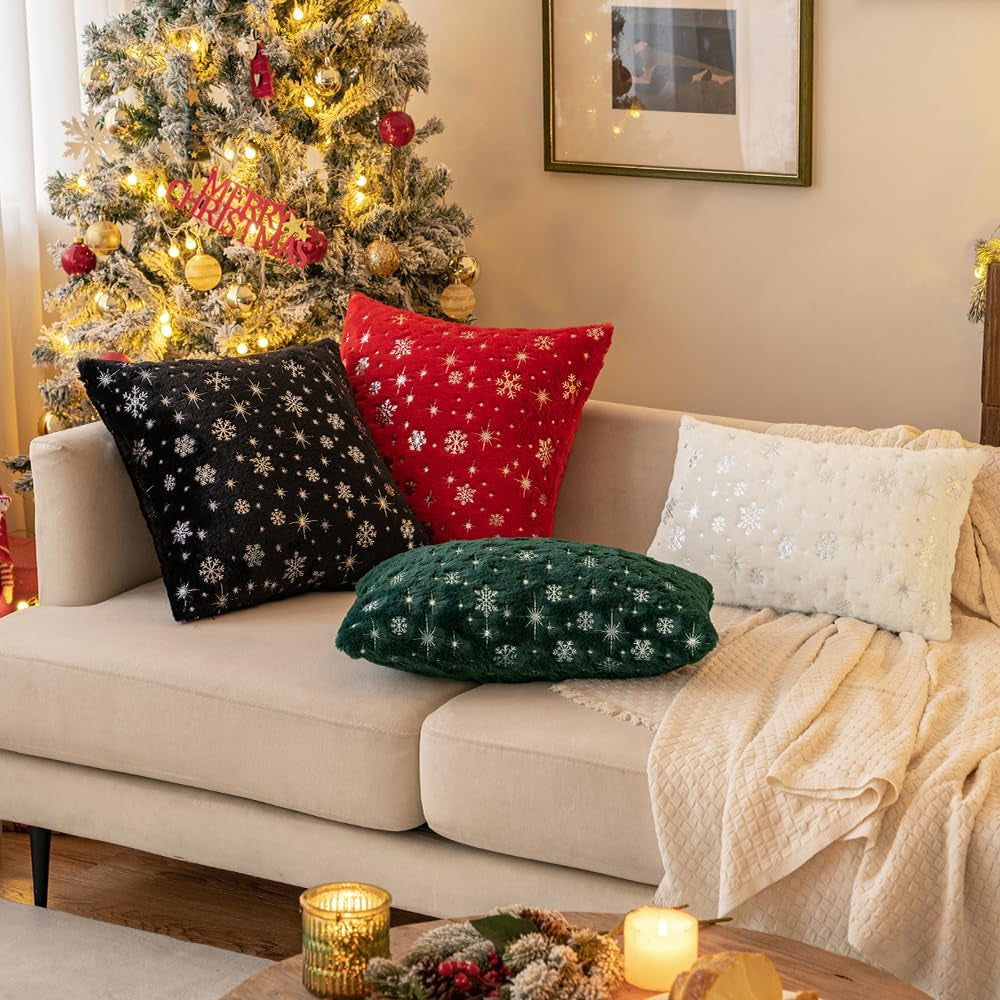 Set of 2 Christmas Decorative Throw Pillow Covers Soft Faux Fur Winter Pillow Covers with Silver Snowflake Glitter Holiday Festival Pillowcases for Couch Sofa Bed, 18×18Inch, Dark Green