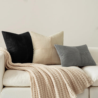 Black Corduroy Decorative Pillow Covers Set of 2, Bohemian Style Spliced Throw Pillowcases, Soft Solid Couch Cushion Covers with Cross Patchwork Texture for Living Room and Bedroom, 12x24 Inches