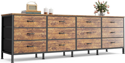 70-Inch Rustic Brown Dresser and TV Stand for 65, 75, and 80-Inch TVs, Featuring 12 Fabric Drawers and Ample Storage for Bedroom Entertainment Centers