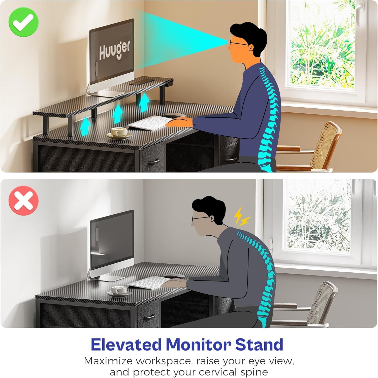 47-Inch Carbon Fibre Black Computer Desk with 4 Drawers, LED Lighting, and Power Outlets - Ideal for Home Office and Gaming with Ample Storage Space