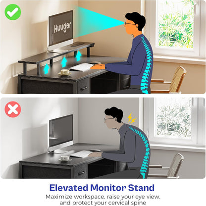 47-Inch Carbon Fibre Black Computer Desk with 4 Drawers, LED Lighting, and Power Outlets - Ideal for Home Office and Gaming with Ample Storage Space