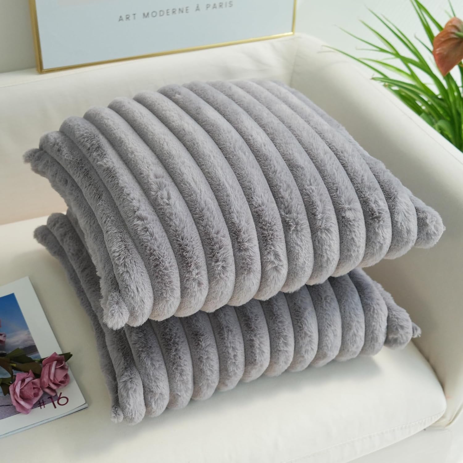 Pack of 2 Faux Fur Plush Decorative Throw Pillow Covers Couch Cushion Case Soft Pillowcases (Grey, 20 X 20-Inch)