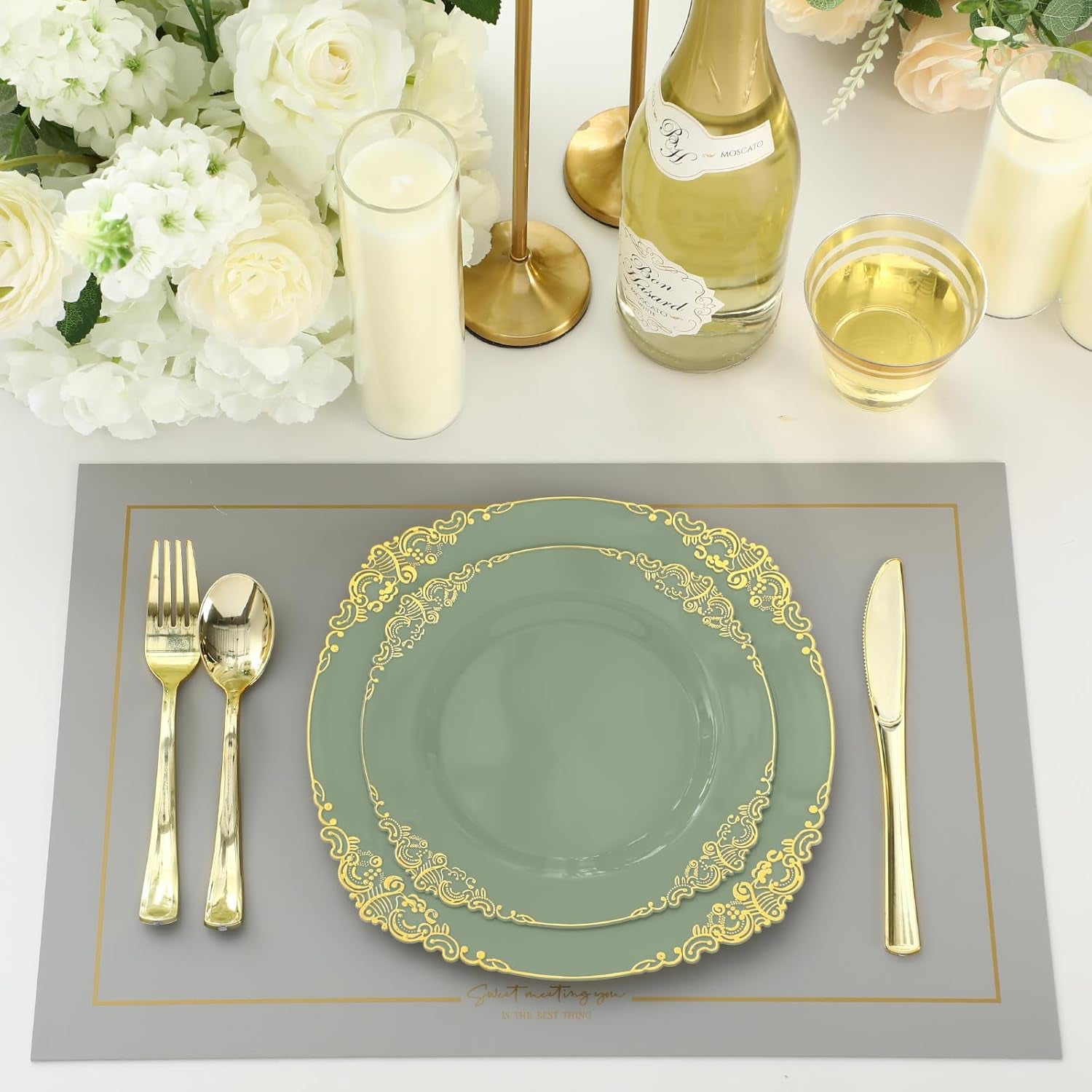 300-Piece Sage Green Plastic Dinnerware Set with Gold Accents - Includes 50 Dinner Plates (10.2"), 50 Dessert Plates (7.5"), and 150 Gold Utensils for Weddings and Events