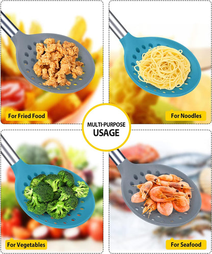 Kitchen Ladle Strainer Set of 2 Large Slotted Spoon with High Heat Resistant BPA Free Non Stick Cooking Skimmers for Draining and Frying (Grey and Teal Blue)