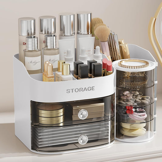 Makeup Organizer with Drawers, Cosmetic Storage for Dresser Bathroom Countertop, Include 4-Tier Rotating Jewelry Box for Brushes, Skincare, Perfume, Office, Earring, Jewelry Organizer, White