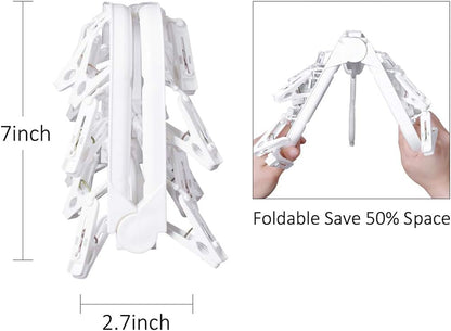Foldable Clip Hangers with 26 Drying Clips, Underwear Hanger with Clips, Plastic Laundry Clip and Drip Drying Hanger for Socks, Bras, Lingerie, Clothes, Sturdy, White