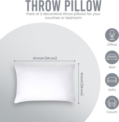 Throw Pillows (Pack of 2, White), 12 X 20 Inches Indoor Decorative Pillow Insert for Sofa, Bed and Couch