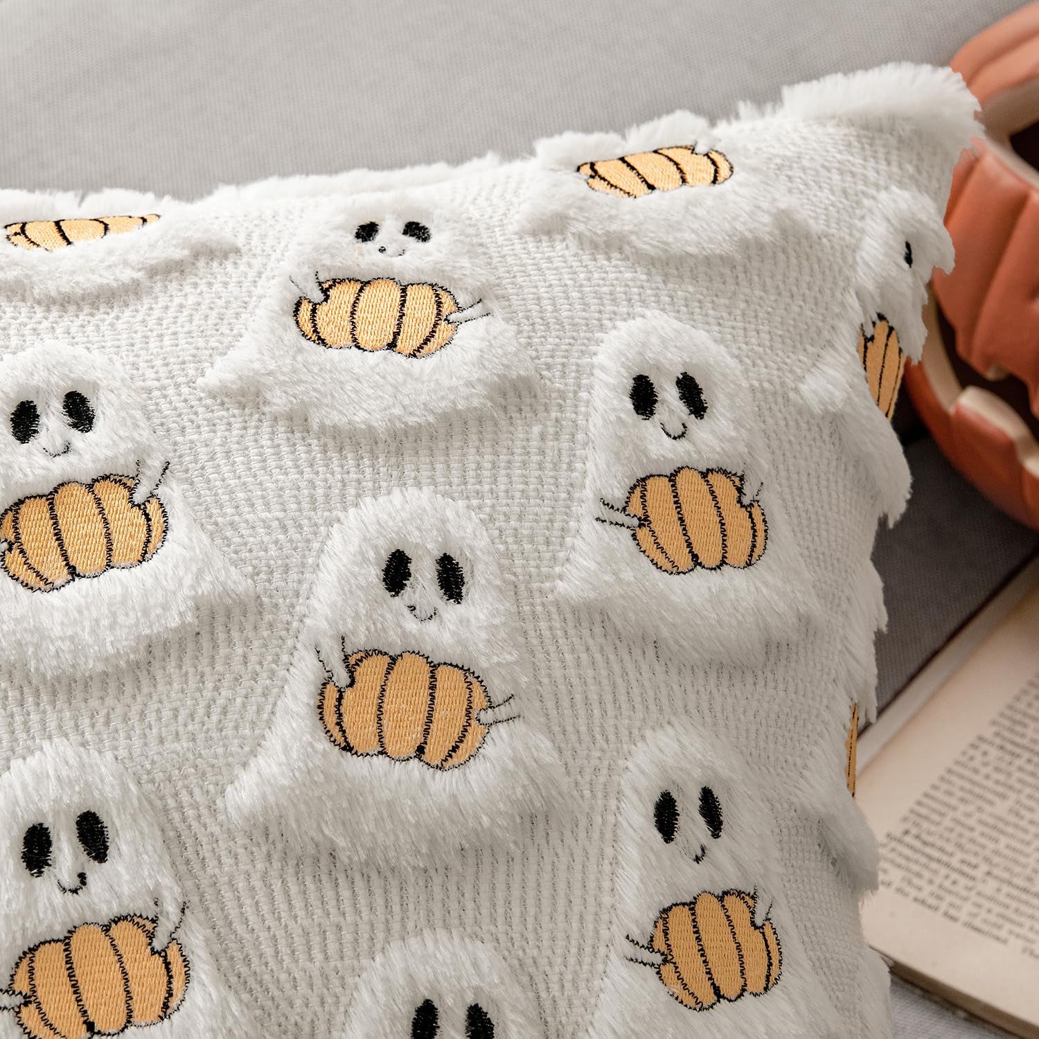 Halloween Pillow Covers Decorative Fall Cute Ghost Plush Faux Fur Pillows 18X18 Inch Set of 2 Soft Pumpkin Accents for Sofa Couch Bed Living Room Festive Home Decor, White Orange