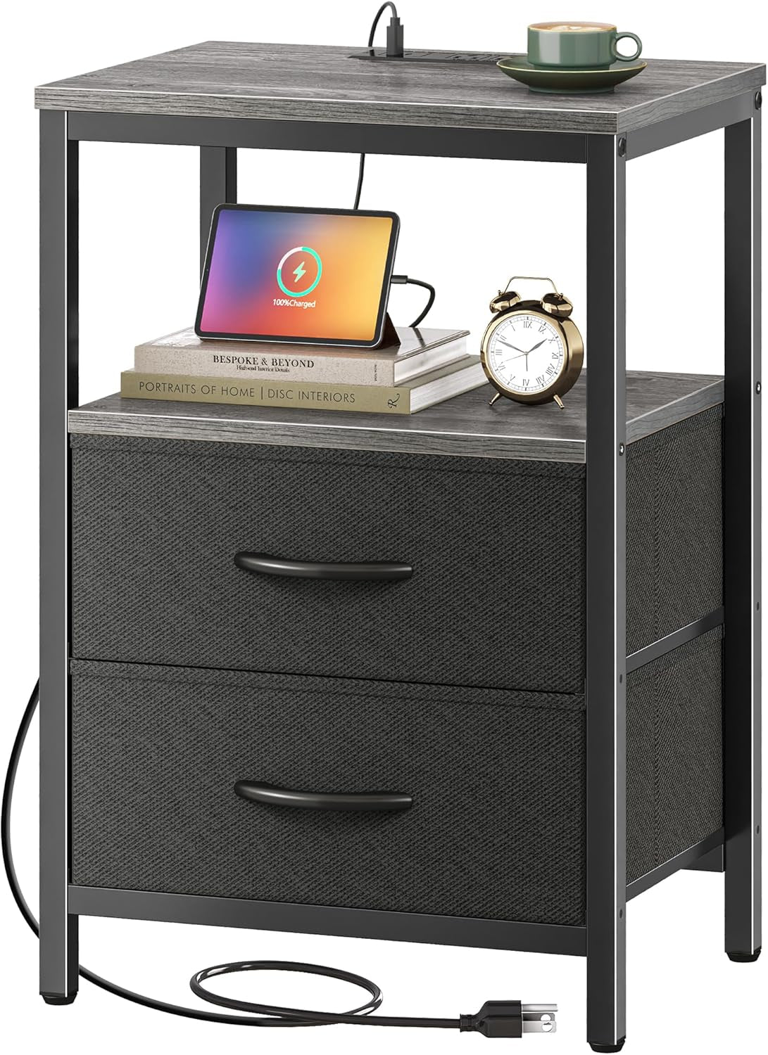Charcoal Gray Nightstand with Integrated Charging Station, Fabric Drawers, Open Shelf, and USB Ports