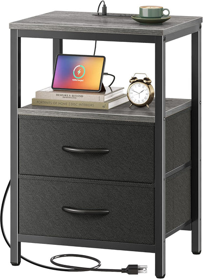 Charcoal Gray Nightstand with Integrated Charging Station, Fabric Drawers, Open Shelf, and USB Ports