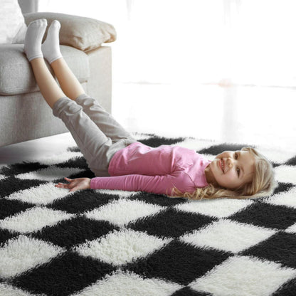 Black and White Checkered Fluffy Area Rug, 4x6 Soft Shag Carpet for Bedroom and Living Room, Plush Indoor Floor Decor for Kids and Teens