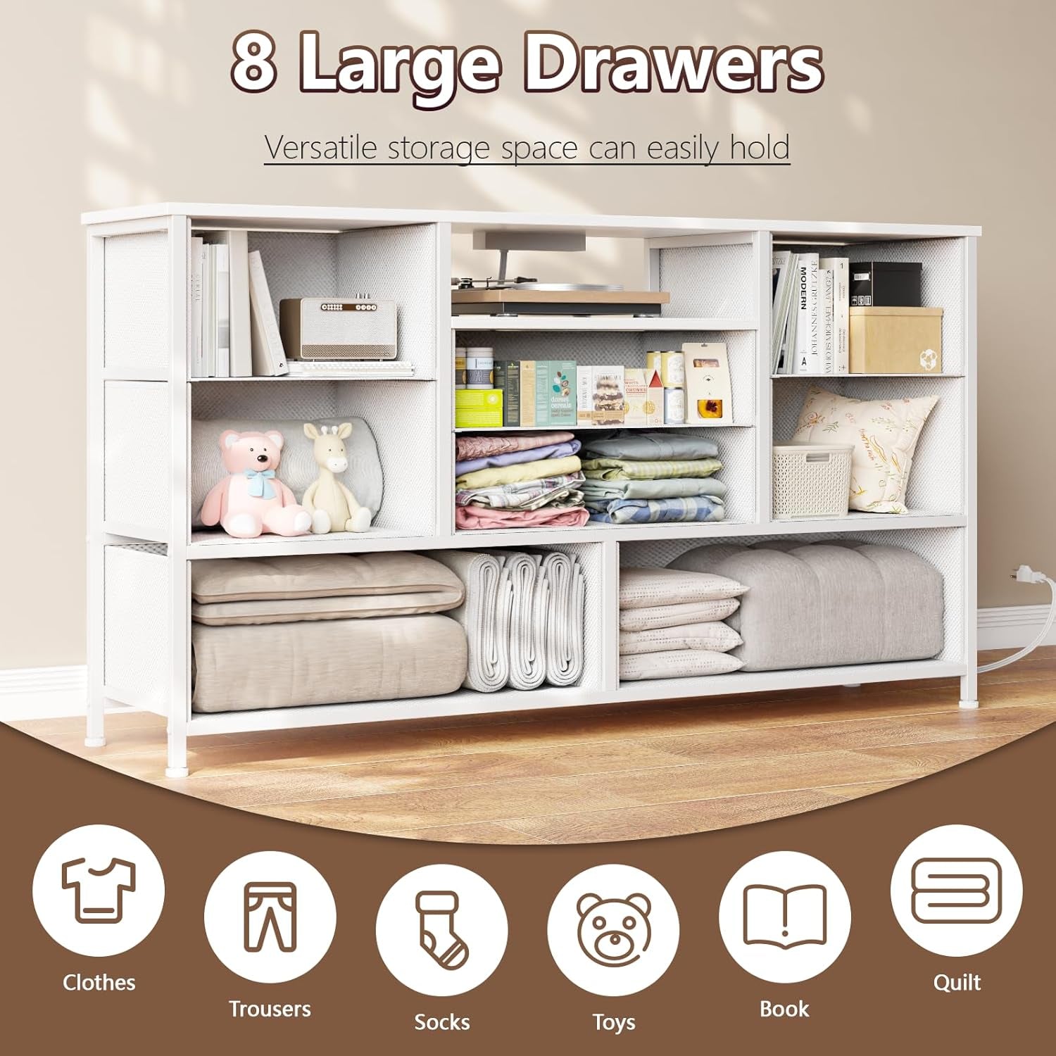 Wide Chest Dresser with Power Outlet for 55" TV Stand - 8 Deep Drawers for Storage in Bedroom, Living Room, Entryway, Hallway, and Closet (White)