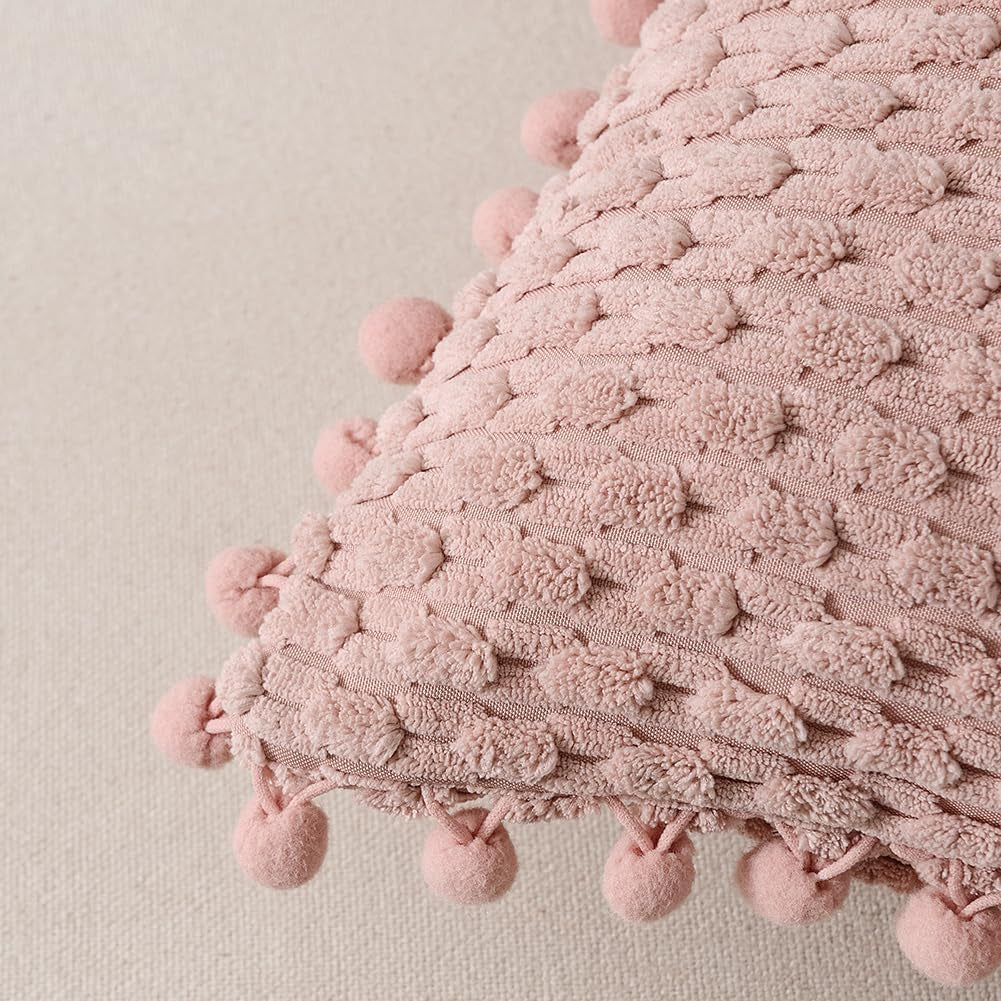 2 Packs Dusty Pink Decorative Throw Pillow Covers 18X18 Inch with Pom-Poms for Couch Bedroom Living Room, Farmhouse Boho Home Decor, Soft Cute Plush Corduroy Blush Cushion Case 45X45 Cm