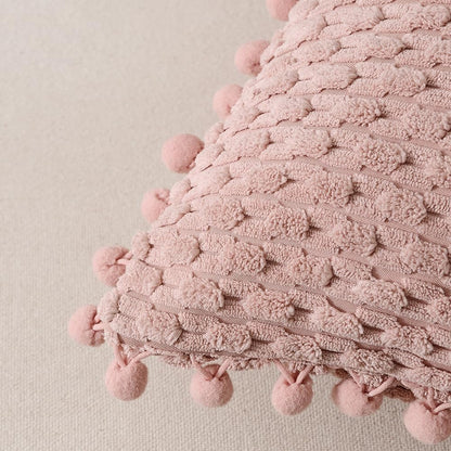 2 Packs Dusty Pink Decorative Throw Pillow Covers 18X18 Inch with Pom-Poms for Couch Bedroom Living Room, Farmhouse Boho Home Decor, Soft Cute Plush Corduroy Blush Cushion Case 45X45 Cm