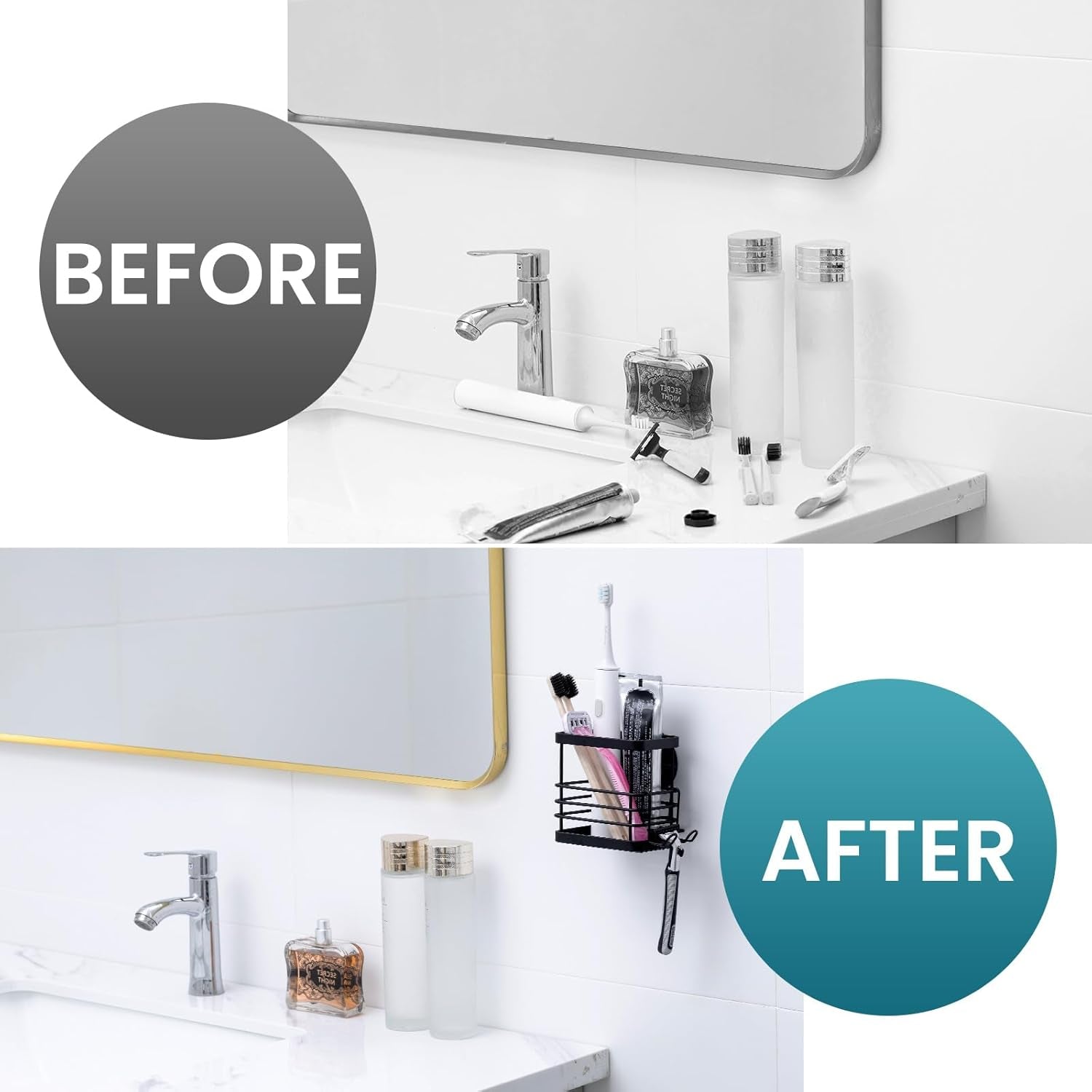 Patented Suction Cup Toothbrush Holder, Stainless Steel Anti-Puddling Shower Toothbrush Holder, No Drilling Removable Organizer for Bathroom Toothpaste, Razor, Kitchen and Office Items, Black