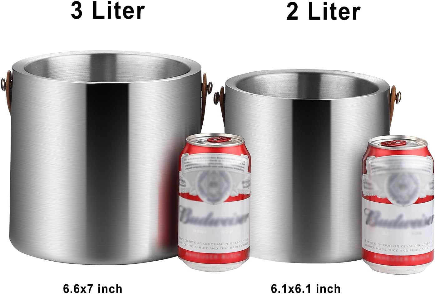Double-Wall Vacuum Insulated Ice Bucket with Lid, Scoop, Ice Tong, Strainer & Leather Handle Keep Ice Frozen Longer Large Wine Ice Buckets for Cocktail Bar,Parties Chilling Beer Champagne 3L
