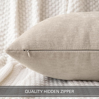 Set of 2 Beige Chenille Decorative Pillow Covers, 18x18 Inches, Soft Farmhouse Cushions for Sofa and Bedroom Decor