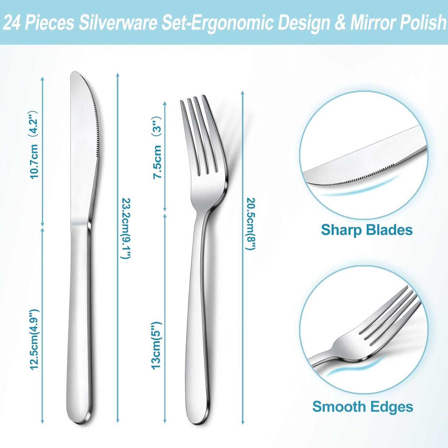 24 Pieces Forks and Knives Set, Food Grade Stainless Steel Silverware Set with 12 Knives & 12 Forks, Fork Silverware, Butter Knife, Metal Fork & Dinner Knives, Mirror Polished, Dishwasher Safe