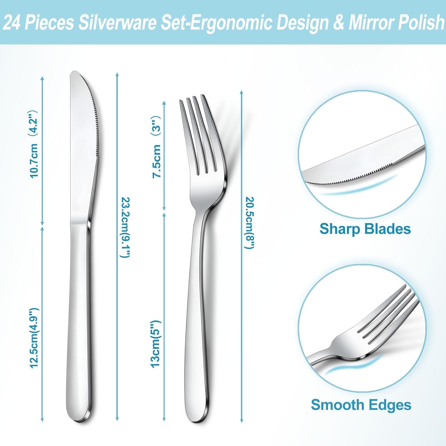 24 Pieces Forks and Knives Set, Food Grade Stainless Steel Silverware Set with 12 Knives & 12 Forks, Fork Silverware, Butter Knife, Metal Fork & Dinner Knives, Mirror Polished, Dishwasher Safe