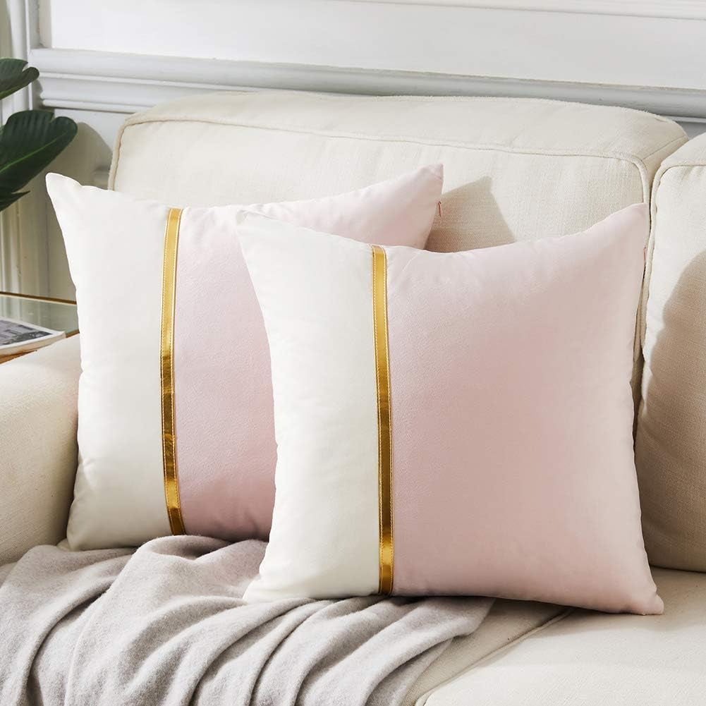 2 Packs Decorative Throw Pillow Covers 18X18 Inch for Living Room Couch Bedroom, Blush Pink and White Velvet Patchwork with Gold Leather, Luxury Modern Home Decor Cute Cushion Case 45X45 Cm
