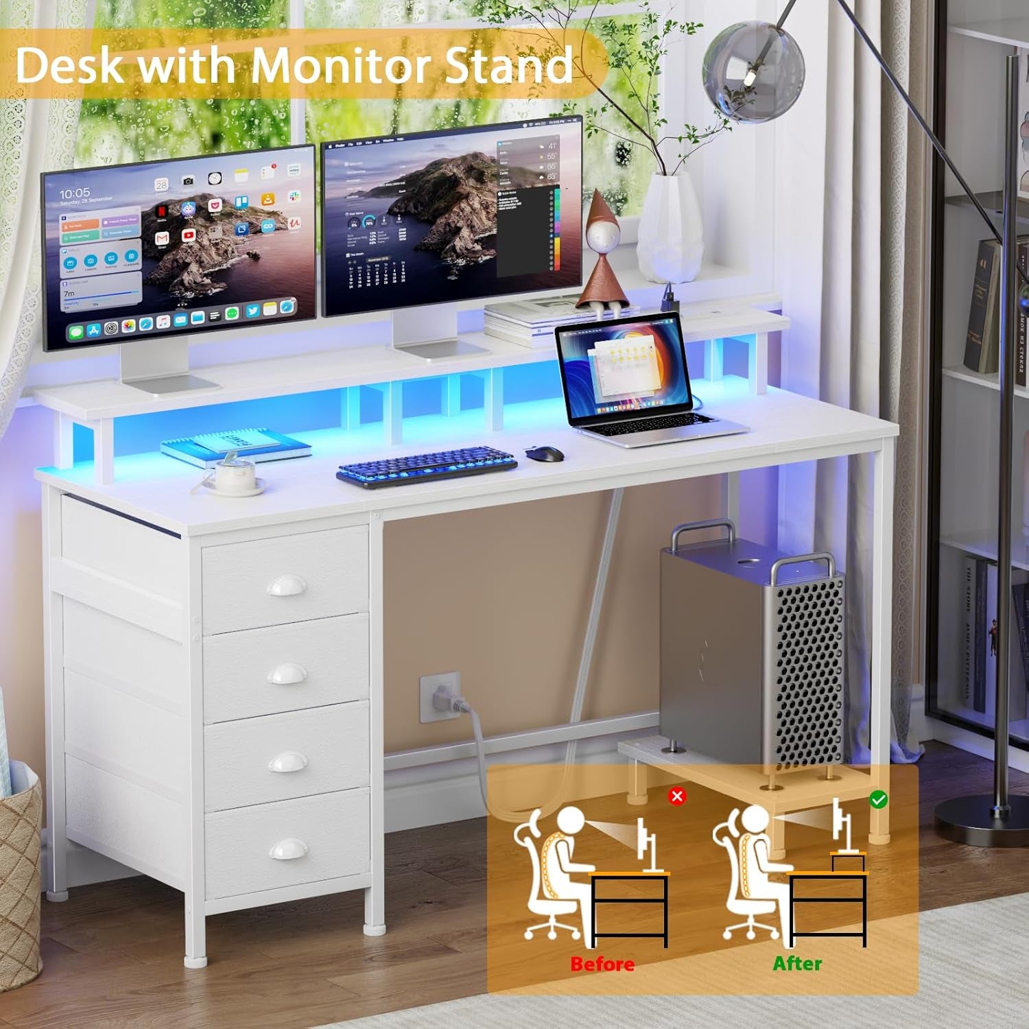 47" White Computer Desk with 4 Fabric Drawers & Monitor Stand, Gaming Desk with Power Outlets - LED Lights, Home Office Space-Saving Study Table for Bedroom Small Spaces