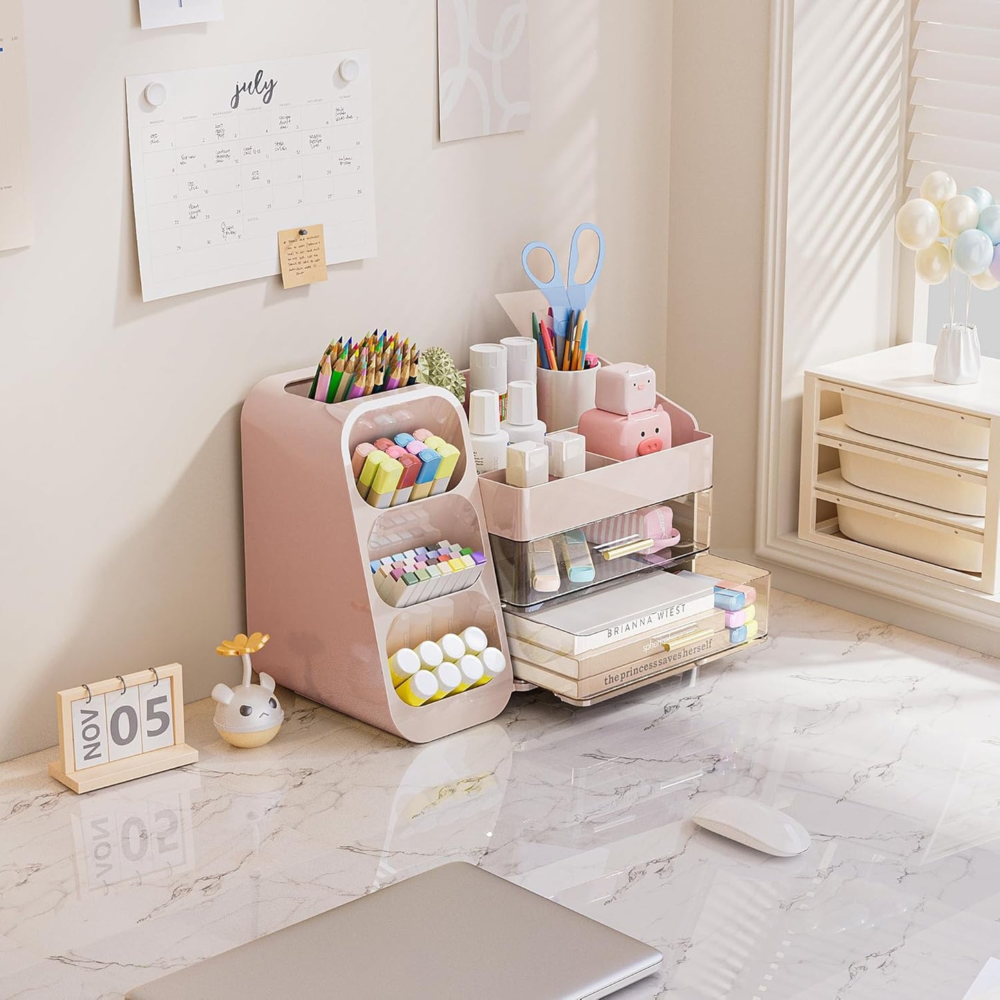 Makeup Organizer with Drawers for Vanity, Spacious Cosmetic Display Case with Makeup Brush Holder, Perfect Vanity Bathroom Organizer and Storage Solution for Skincare & Beauty Essentials, Pink