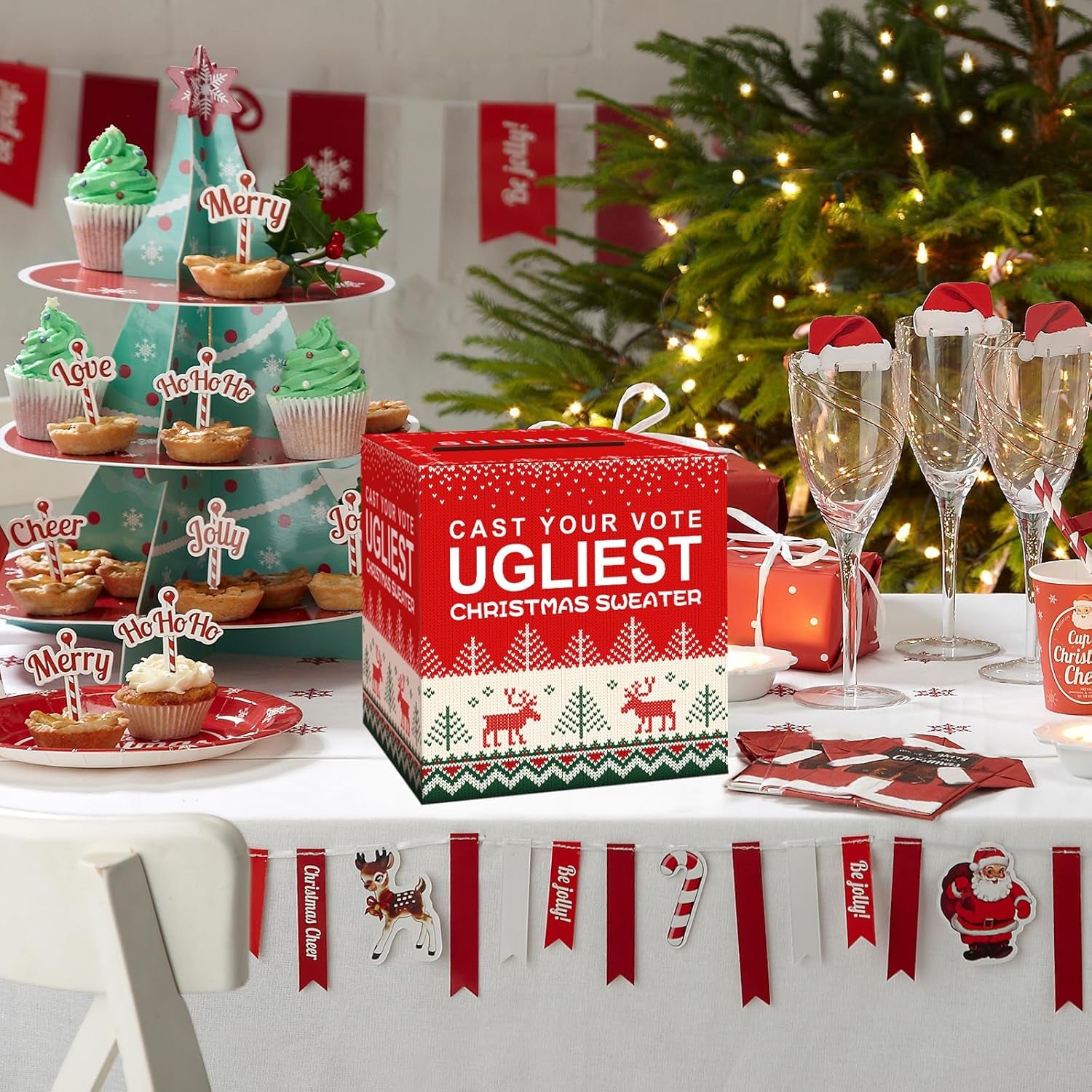 Ugly Sweater Contest Ballot Box, Voting Cards Box Set with 50 Voting Cards Sweater Contest Ballot Box for Christmas Games Party Decorations