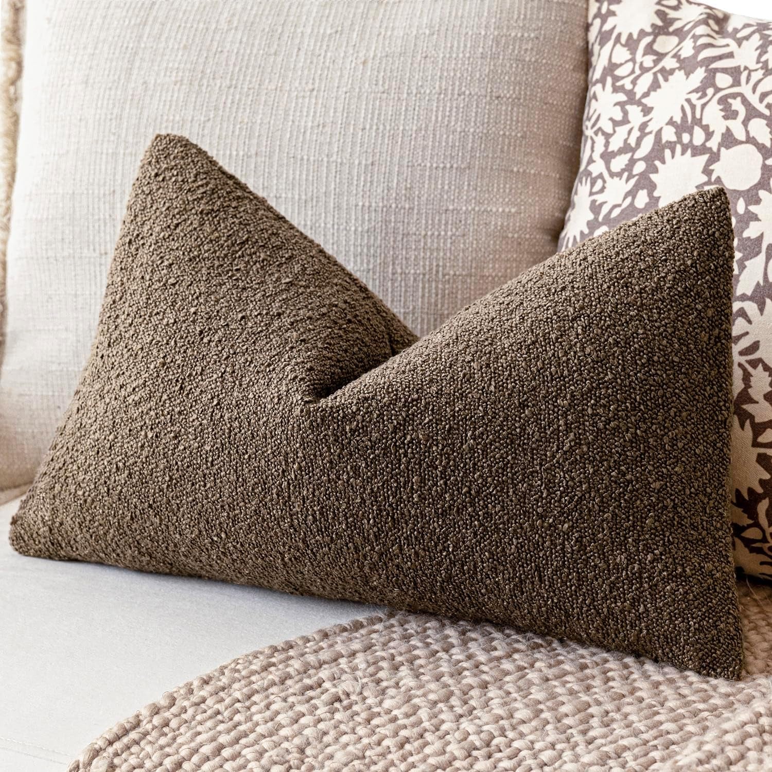 Pack of 2 Textured Boucle Throw Pillow Covers Accent Solid Decorative Lumbar Pillow Cases Cozy Soft Couch Cushion Case for Chair Sofa Bedroom Living Room Home Decor 12X20 Inch Light Brown
