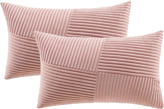 Set of 2 Blush Pink Boho Lumbar Rectangle Decorative Throw Pillow Covers 12X20 Inch with Diagonally Pattern for Couch Bed Sofa, Soft Corduroy Accent Modern Farmhouse Home Decor 30X50 Cm