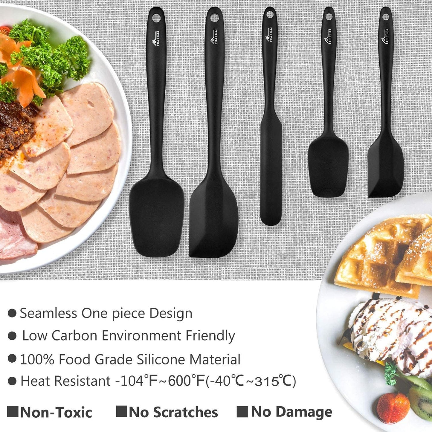 600℉ Heat Resistant Bpa-Free Silicone Rubber Spatula Set,Kitchen Cooking Spatulas, Baking, Mixing for Non Stick Cookware, Dishwasher Safe, Black Set of 5