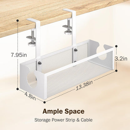under Desk Cable Management Tray with 2 Open Holes - Metal Mesh Wire Management with F-Clamp, No Drill Cord Organizer, Home Office Cable Tray under Desk Storage & Accessories, 1 Pack, White