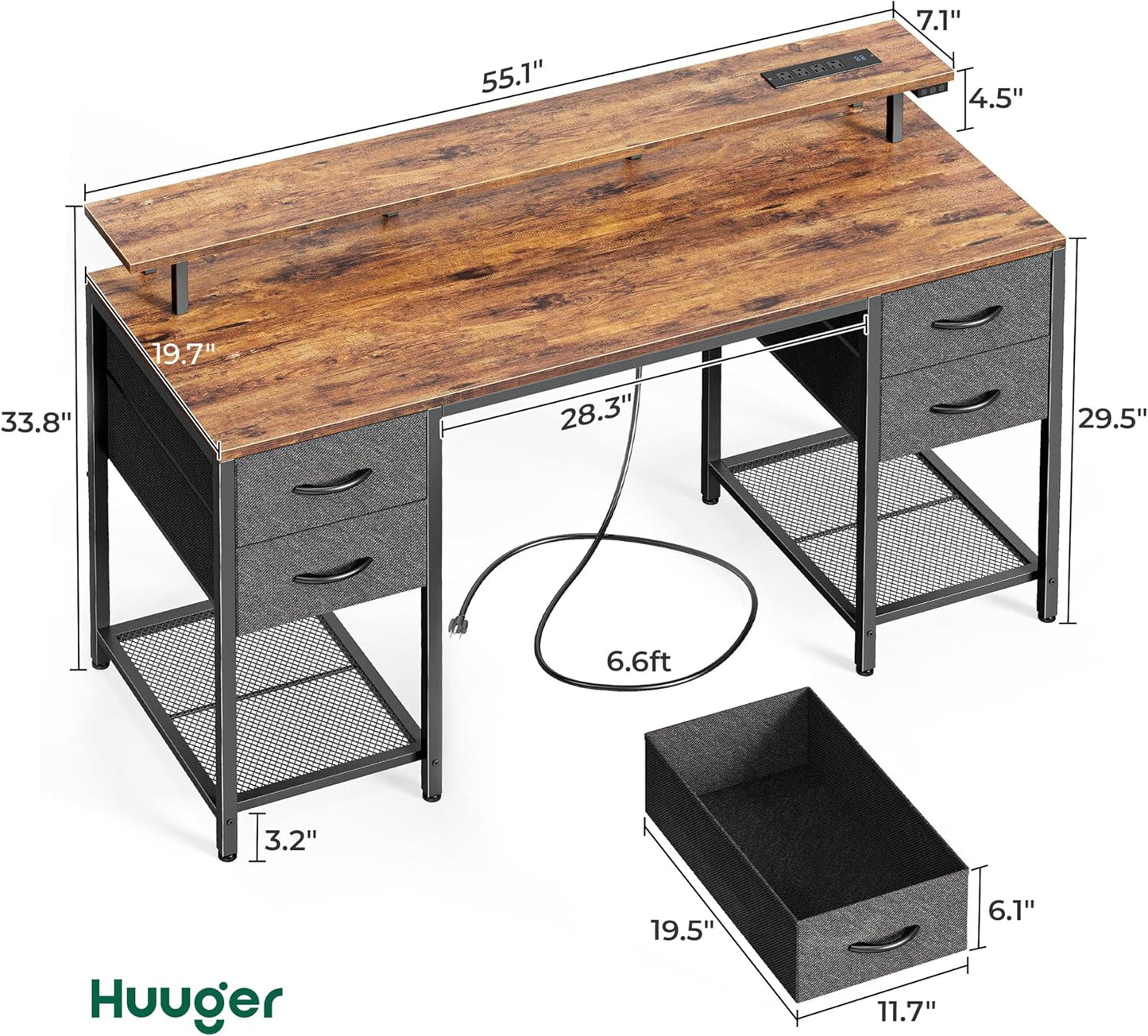 55-Inch Computer Desk with 4 Drawers, LED Lighting, and Power Outlets - Spacious Home Office and Gaming Desk in Rustic Brown Finish
