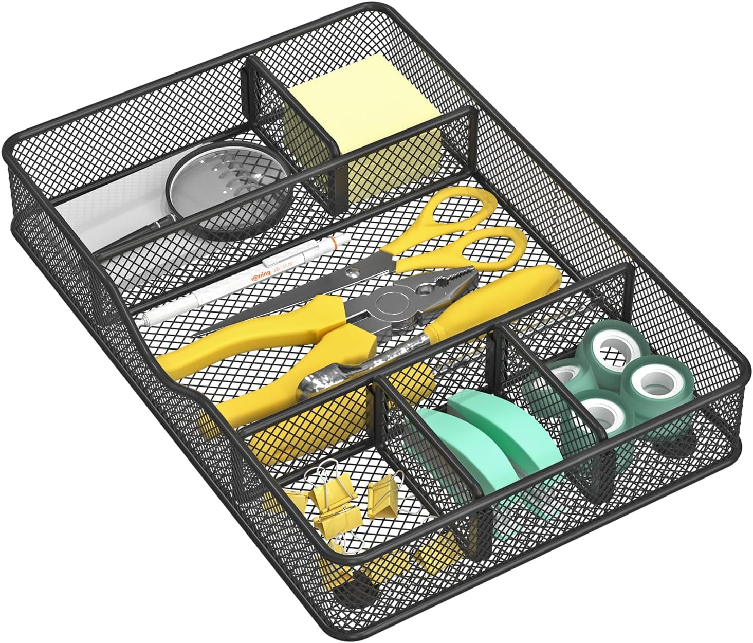 Desk Drawer Organizer Tray, Metal Mesh Drawer Organizer for Office & Home, 6 Adjustable Compartments, Black, 2 Pack - 12.87X8.73X1.96 Inch