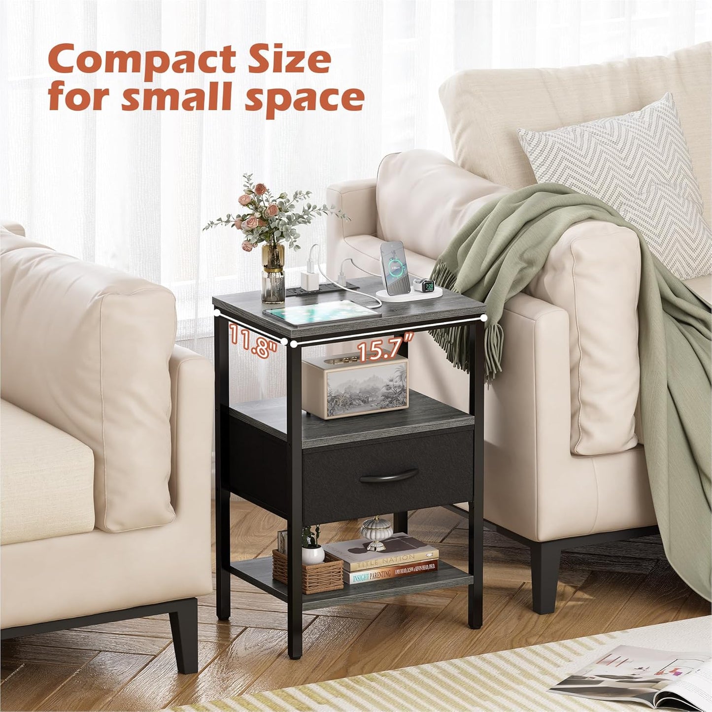 Charcoal Gray Nightstand with Charging Station and Adjustable Fabric Drawer, 3-Tier Storage End Table for Bedroom and Living Room