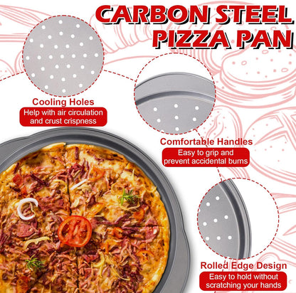 Pizza Pan for Oven - 13" round Pizza Pans with Holes(2 Pack), Non-Stick Carbon Steel Pizza Trays with Handle, Easy to Clean & Oven Safe