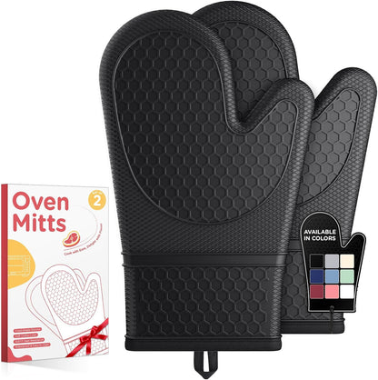 Silicone Oven Mitts, Set of 2, Heat Resistant, Oven Gloves with Soft Lining, Non-Slip Kitchen Essentials, Kitchen Gadgets, Apartment Essentials, Great Gift for Cooking, Baking, Black