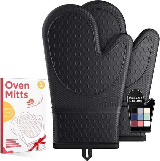 Silicone Oven Mitts, Set of 2, Heat Resistant, Oven Gloves with Soft Lining, Non-Slip Kitchen Essentials, Kitchen Gadgets, Apartment Essentials, Great Gift for Cooking, Baking, Black
