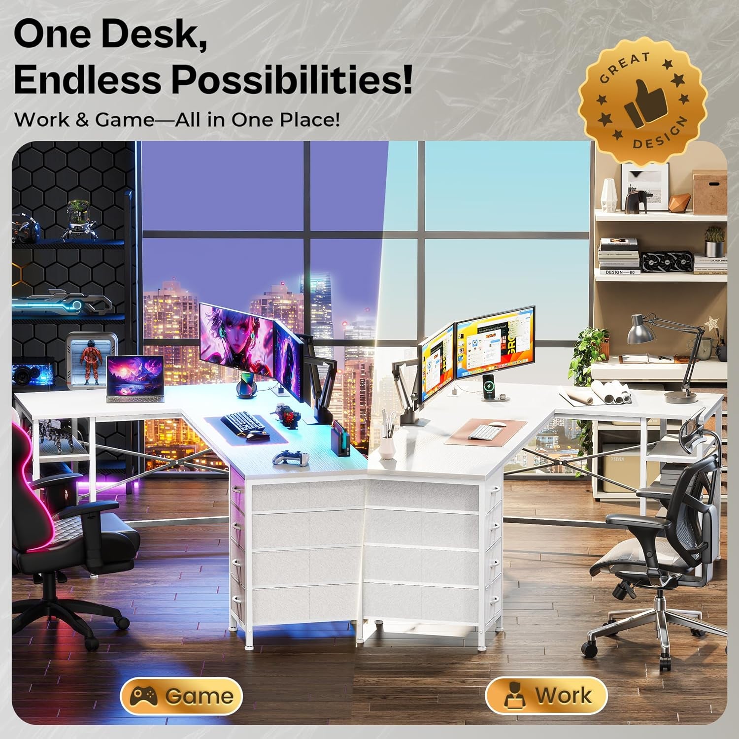 63-Inch L-Shaped Desk with Fabric Drawers, Reversible Computer Gaming Desk Featuring Power Outlets and USB-C Port, Adjustable Side Storage Shelves for Home Office and Study Corner, White