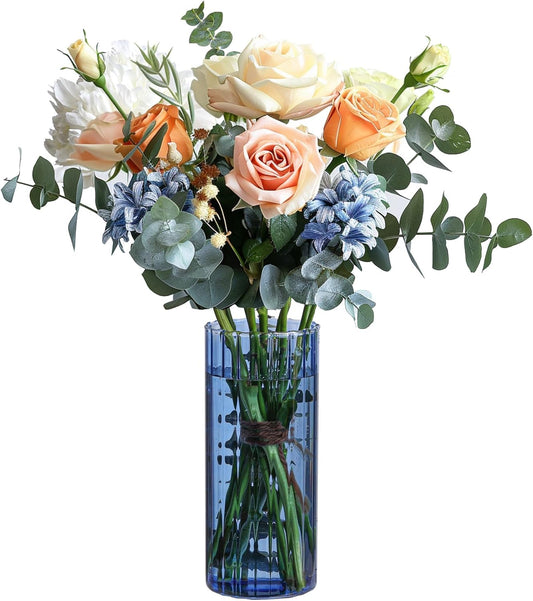 Glass Cylinder Vases, Bud Vase for Centerpieces, 8 Inch Tall Ribbed Vase Hurricane Floating Candle Holder, Decorative Flower Vases for Wedding Reception, Home Decor, Housewarming Gift (Blue)