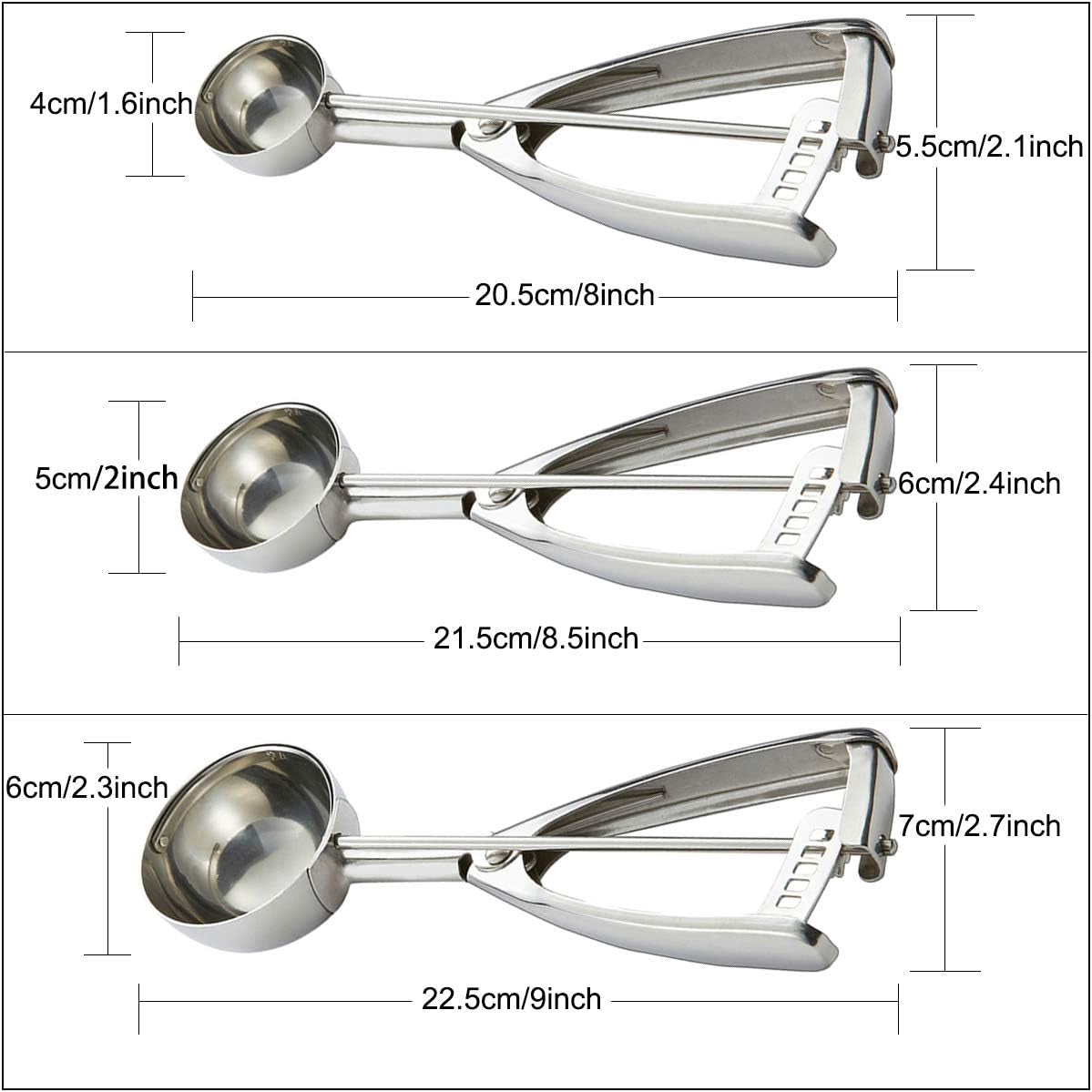 Cookie Scoop Set - #60/1 Tbsp, #40/2 Tbsp, #20/ 3Tbsp - 3 PCS Cookie Scoops for Baking Set of 3 - Cookie Dough Scoop - Made of 18/8 Stainless Steel