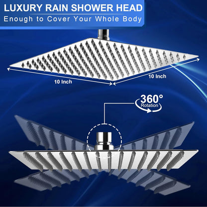 Rain Shower Head - 10 Inch High Pressure Shower Heads 304 Stainless Steel Ultra Thin Square Showerhead Pressure Boosting Design, Ceiling or Wall Mount