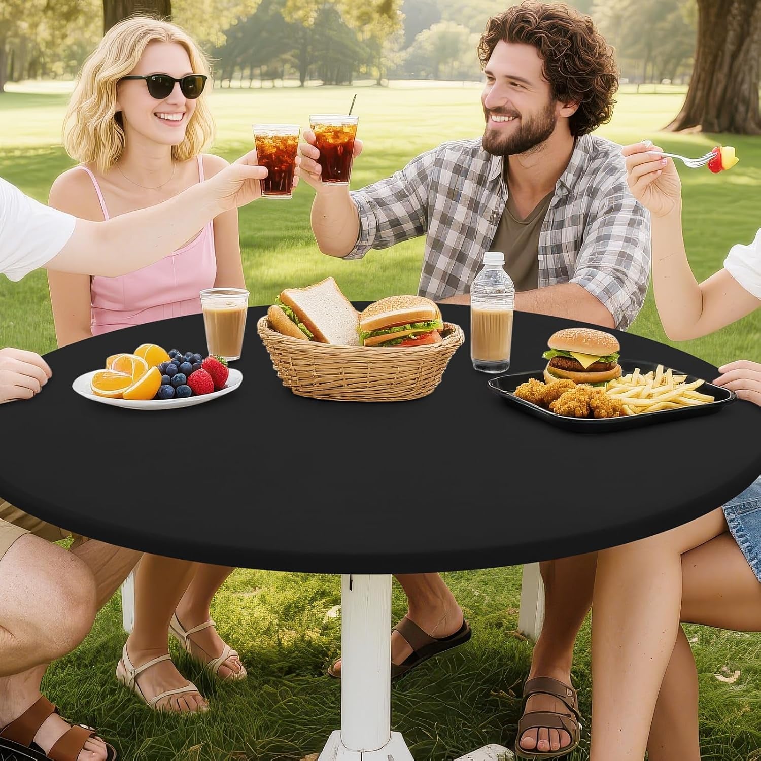 round Spandex Tablecloth, Elastic Fitted Washable Tablecloths for 36"-44" Tables, Waterpoof Stretch Picnic Table Cover for Dining, Indoor and Outdoor, Black