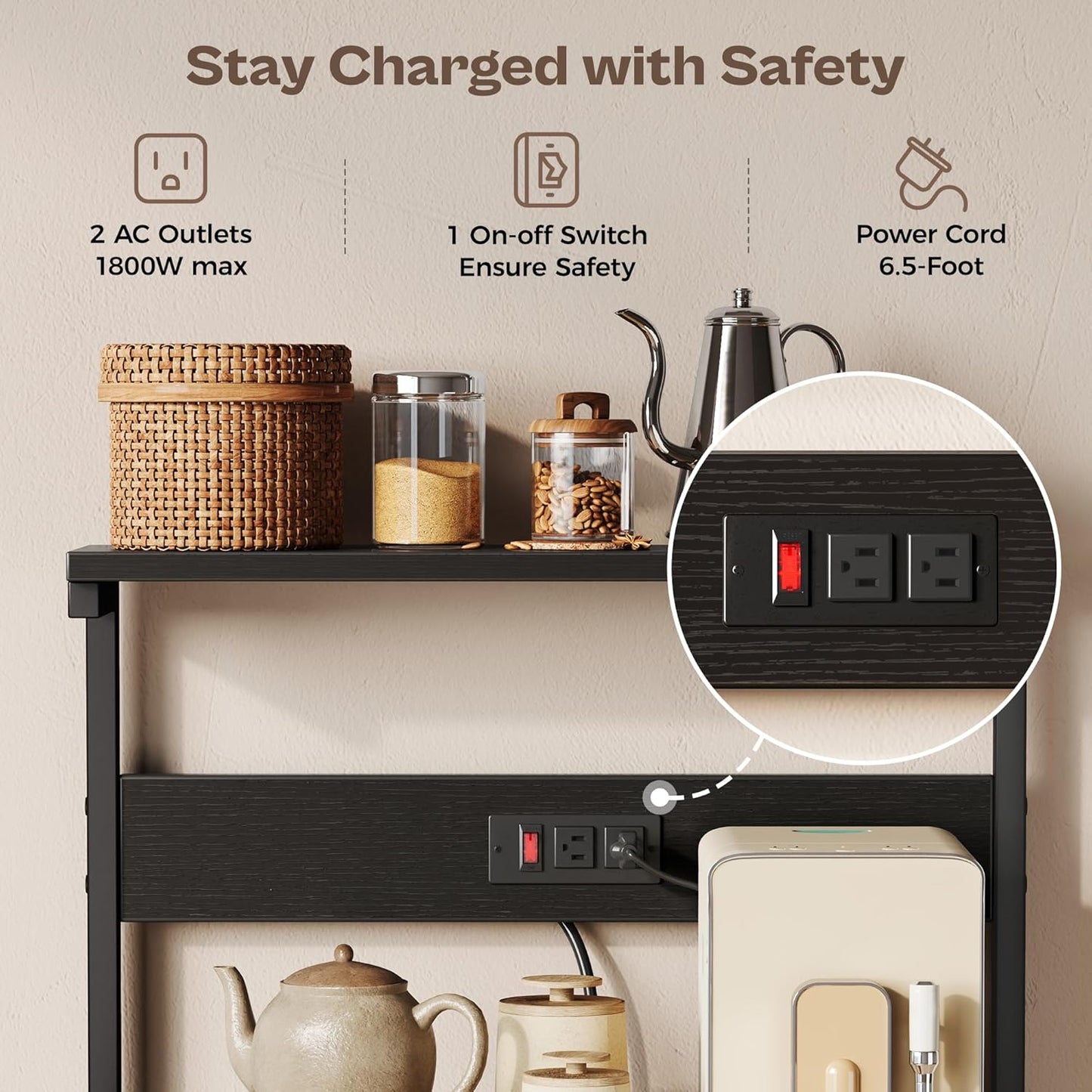 Professional Kitchen Bakers Rack with Power Outlet, Multi-Tier Coffee Bar Table, Microwave Stand with S-Shaped Hooks, and Storage Shelf for Spices, Pots, and Pans - Black