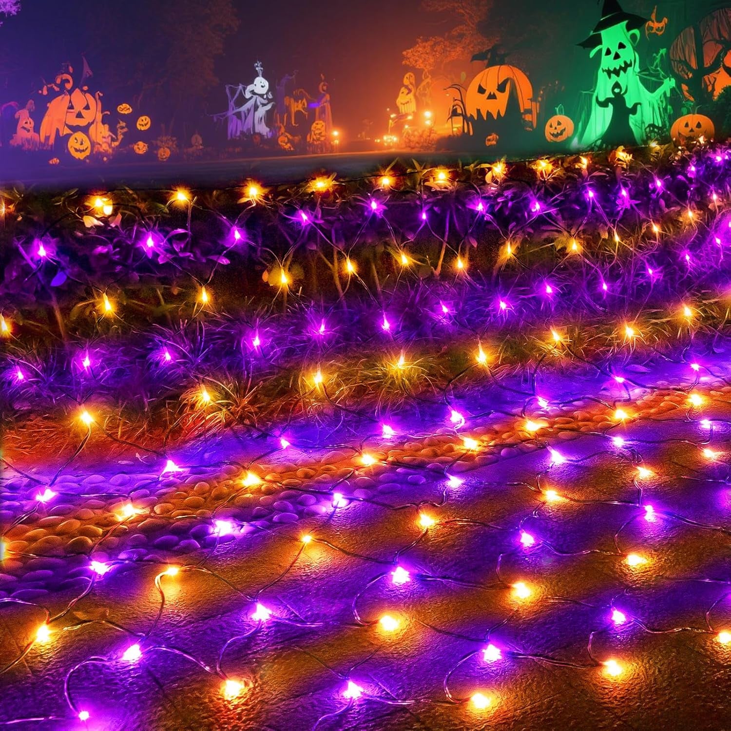Halloween Net Lights Outdoor Decoration, 14.8X4.9 Ft 300LED Orange Purple Halloween Lights 8 Modes Connectable Twinkle Fairy Mesh Light for Bushes Tree Party Yard Garden Decoration
