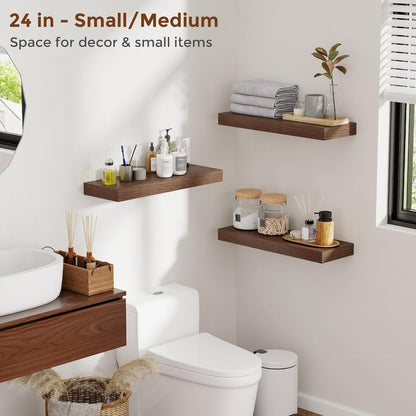 16 Inch Floating Shelves for Wall Walnut Shelves Set of 2,Wall Mounted Rustic Wood 8 Inch Deep Floating Shelf with Invisible Brackets for Bedroom Kitchen Living Room