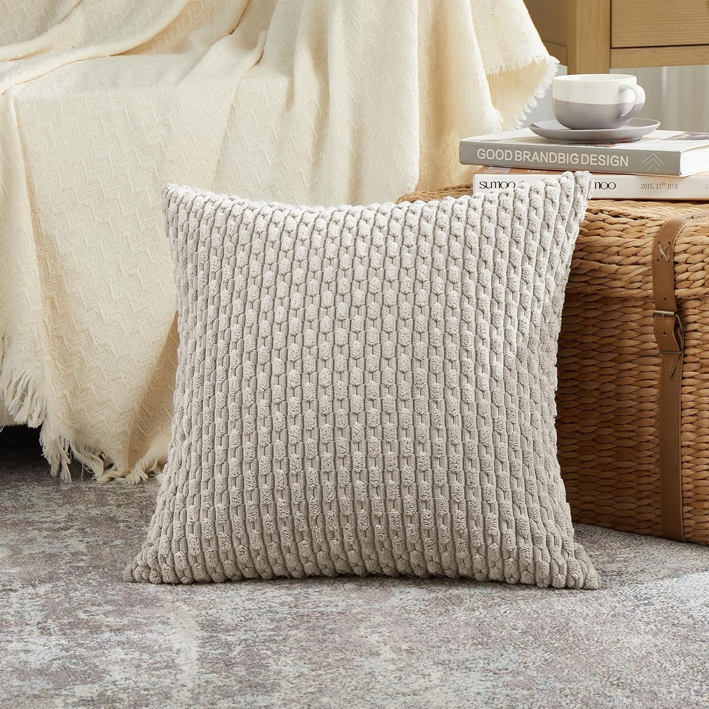 Set of 4 Neutral Taupe Decorative Throw Pillow Covers 18X18 Inch for Couch Bed Sofa Bedroom, Modern Farmhouse Boho Home Decor, Soft Fluffy Textured Corduroy Cute Beige Cushion Case 45X45 Cm